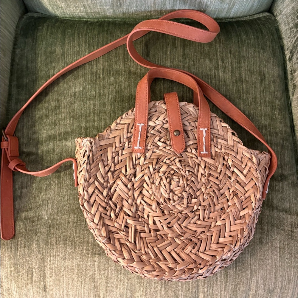 Woven Round Crossbody Bag with Tan Leather Trim